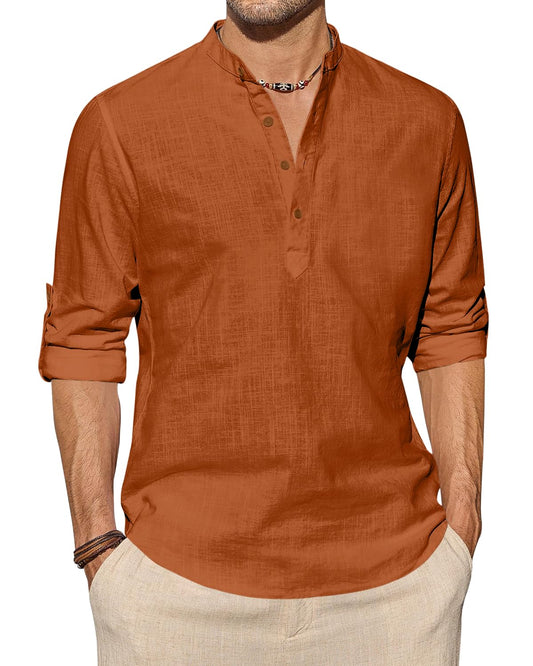Zombom MenS Cotton Blend Solid Full Sleeve Short Kurta Shirt With Mandarin Collar Brown