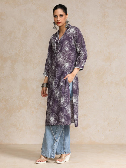 Varanga V Neck Kurta With Lace Detailing And Big Floral Print Purple