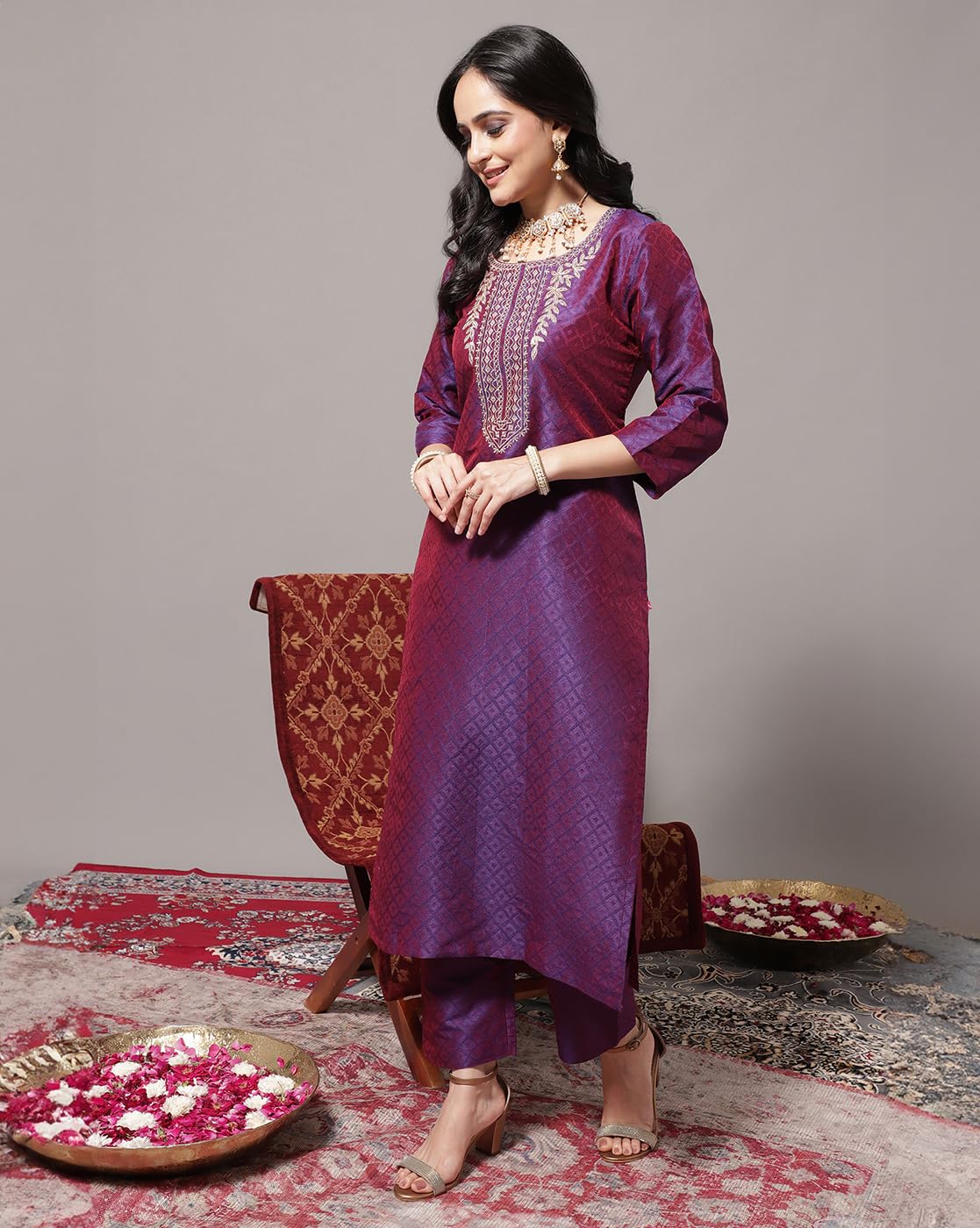 Varanga Women Violet Zari Embroidered Kurta With Three-Quarter Sleeves, Round Neck, Paired With Tonal Bottom And Dupatta
