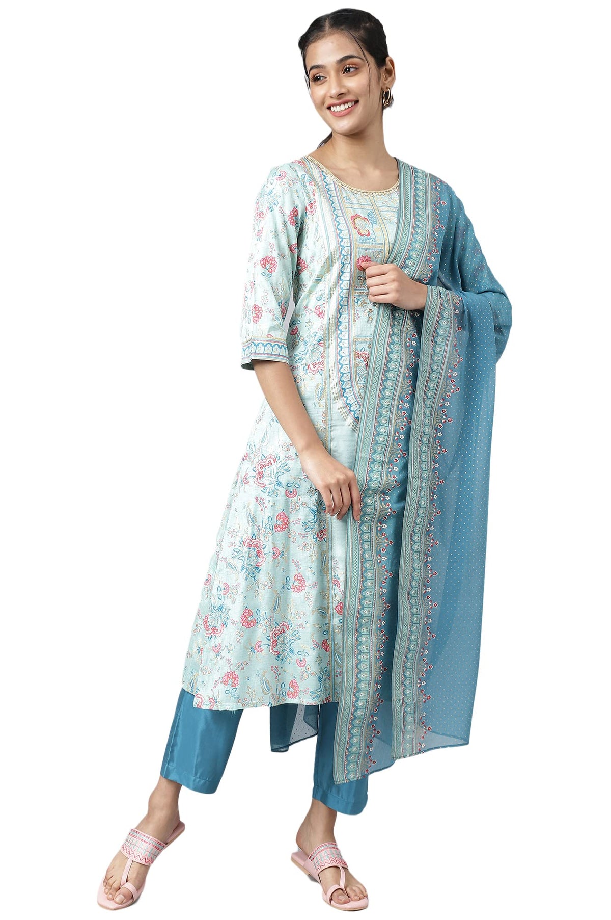 Aurelia Women Liva Blue Glitter Printed Kurta With Blue Trousers And Dupatta_22Aud10477-503974_Xl