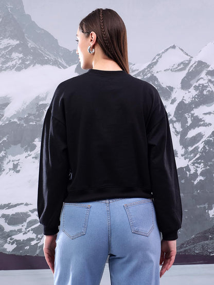 Kotty WomenS Fleece Sweatshirt Solid Pattern With Classic Round Neck(Black,S)