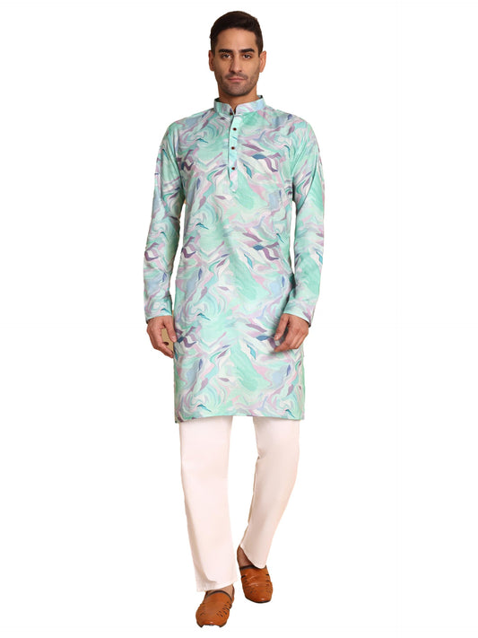 Vardha MenS Cotton Kurta With Impressionist Digital Print Pattern Long Kurtas, Regular Mandarin Collar Straight Fit Printed Kur