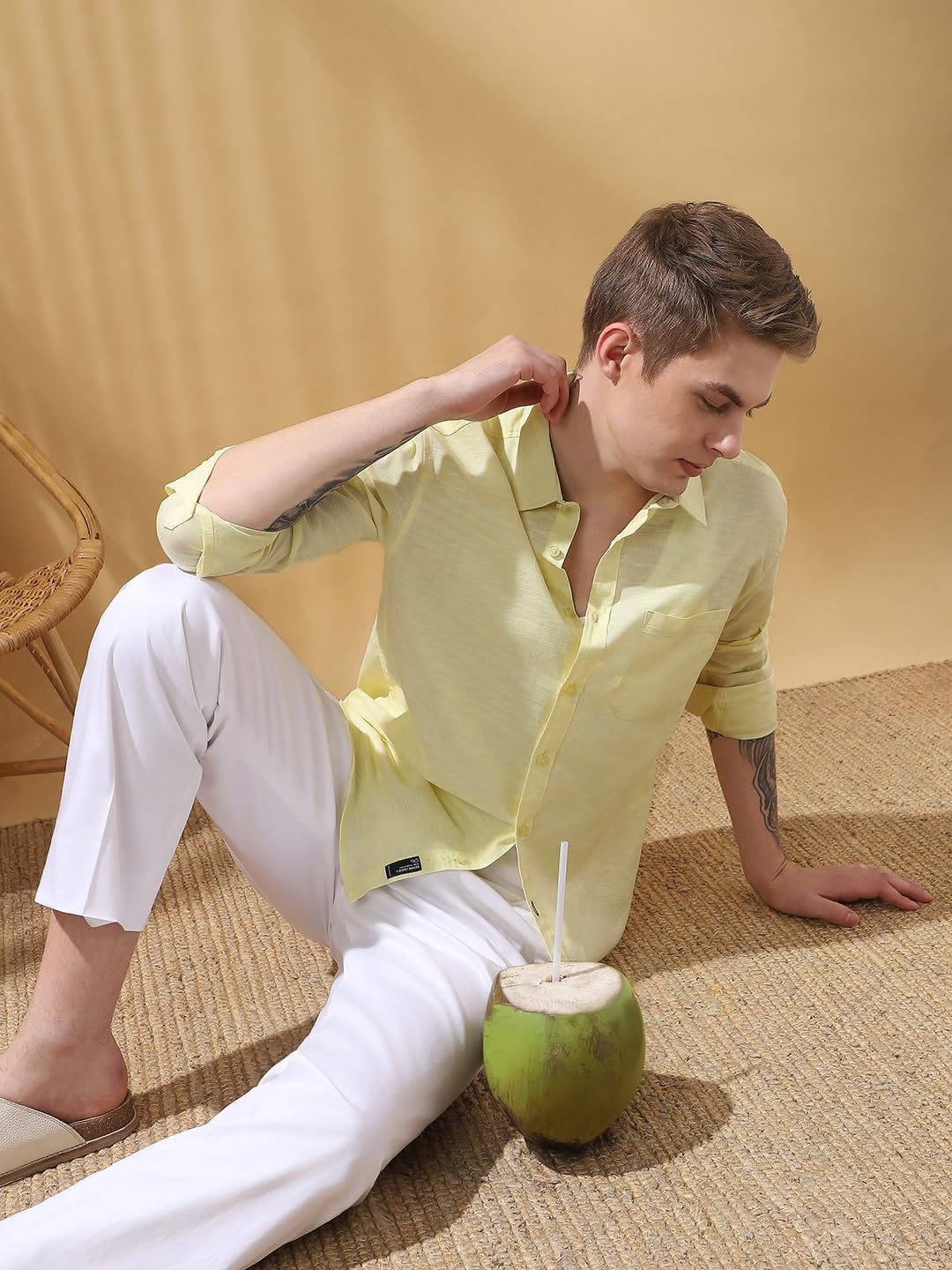 Dennis Lingo Men Regular Fit Yellow Full Sleeves Cotton Casual Shirt