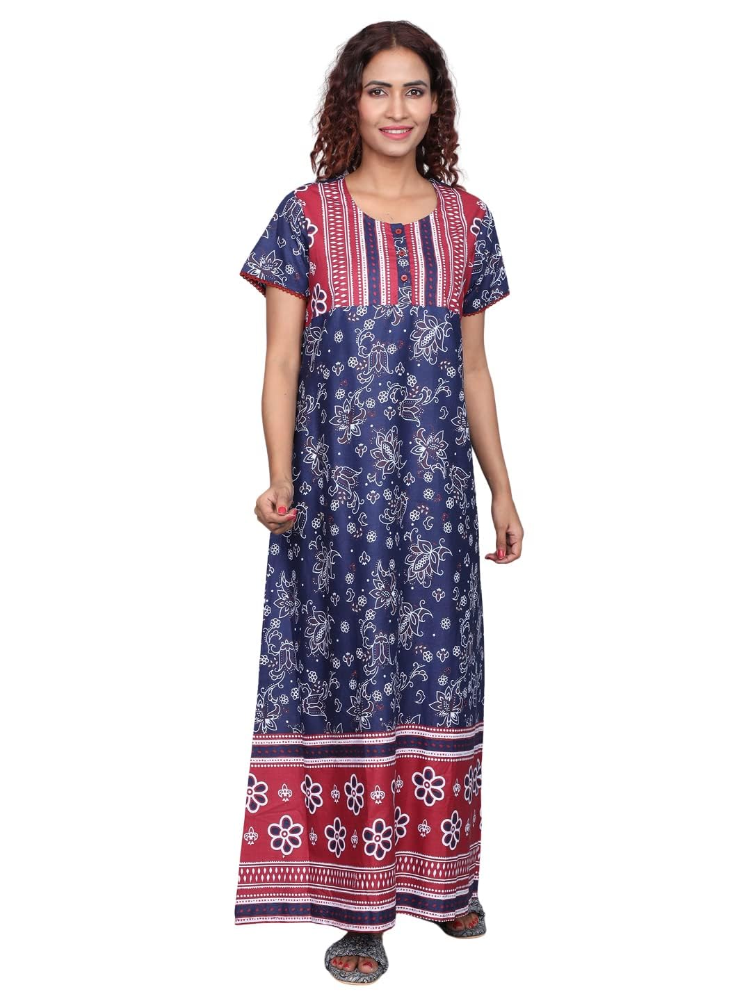 Evolove WomenS Cotton Long Maxi Night Gown Nighty Dress With Pocket & Stylish Button, Super Soft Comfortable (Royal Blue, Lngco