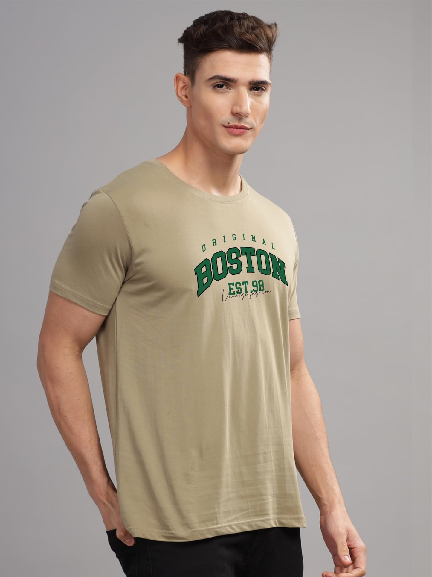 ADRO Mens Printed T Shirt - Premium Cotton Graphic Printed Tshirt - Beige T-Shirt - RN24-BOST-BE