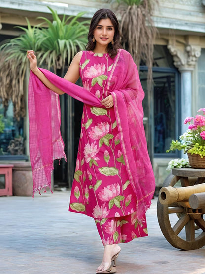 ANNI DESIGNER Women's Rayon Viscose Printed A-Line Kurta with Palazzo & Dupatta