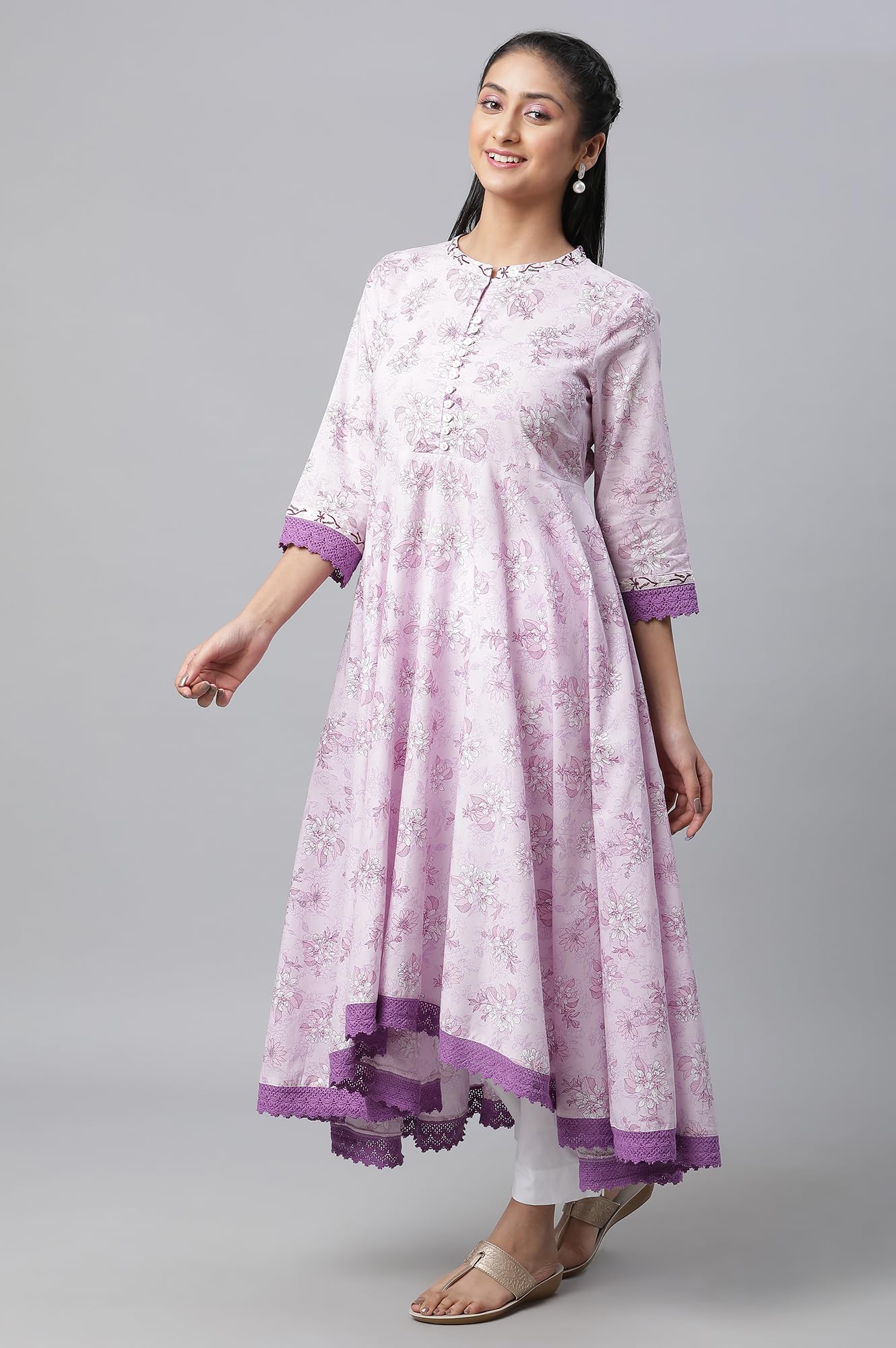 Aurelia WomenS Floral Printed Printed Embroidered Anarkali Purple Cotton Kurta