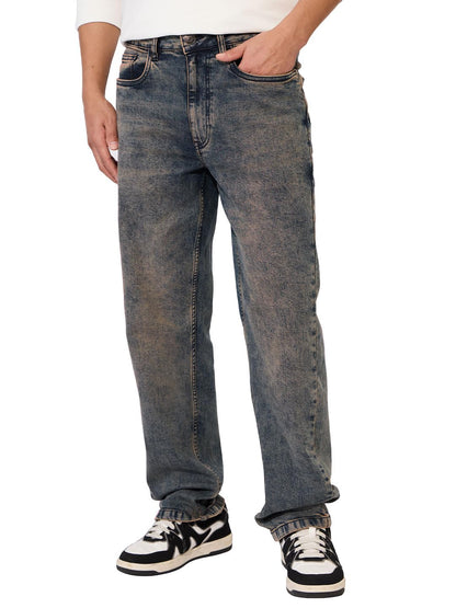 The Souled Store Denim: Washed Blue Men and Boys Buttoned Solid Cotton Blend Straight Fit Jeans