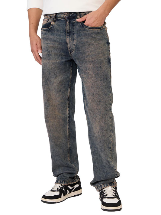 The Souled Store Denim: Washed Blue Men and Boys Buttoned Solid Cotton Blend Straight Fit Jeans