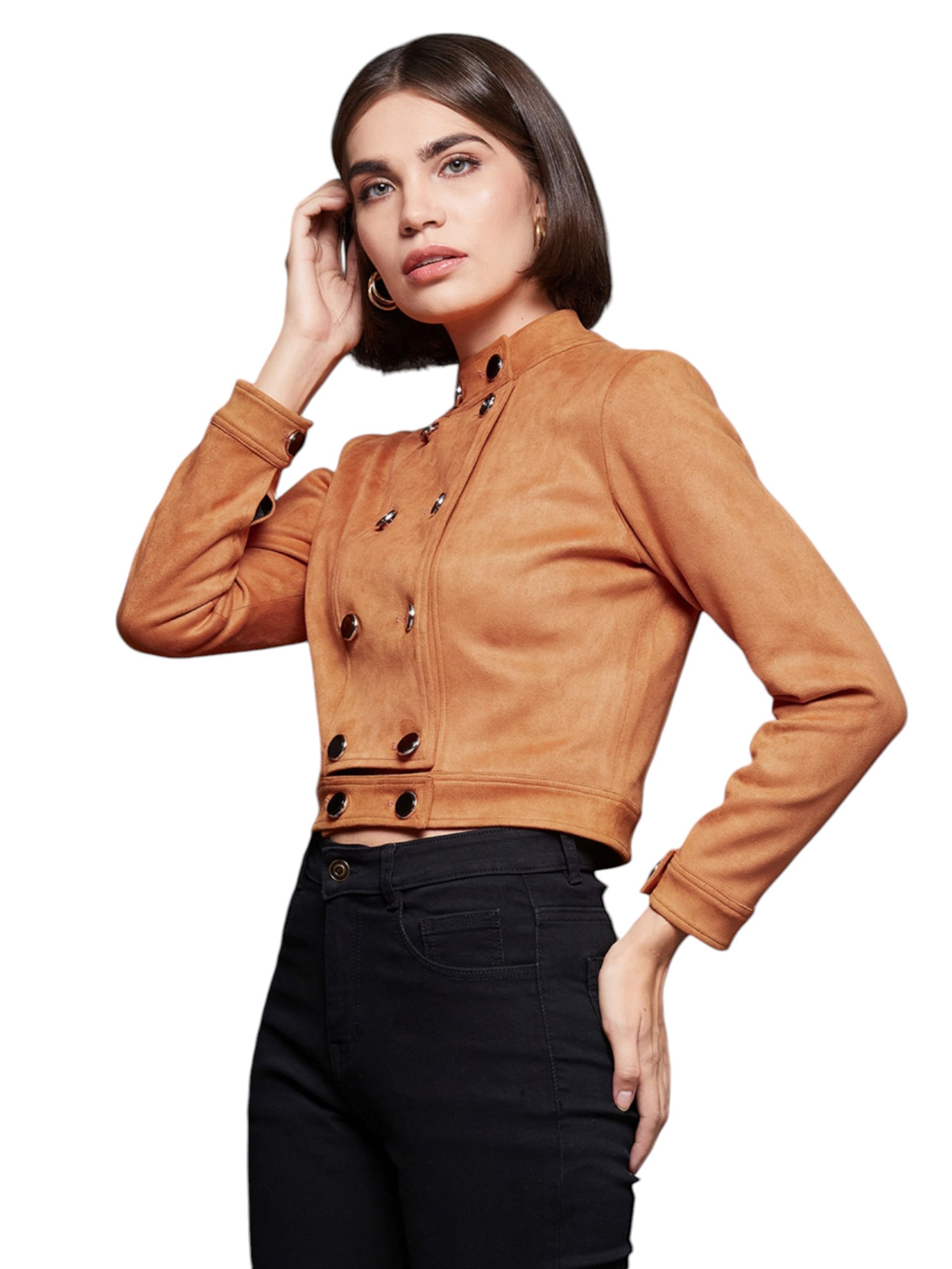 Miss Chase Womens Mandarin Collar Full-Sleeve Jacket (MCAW24JKT99-34-286-06, Burnt Orange, XL)