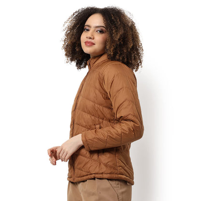 Campus Sutra Women Brown Puffer Regular Fit Bomber Jacket For Winter Wear | Standing Collar | Full Sleeve | Zipper | Casual Jack