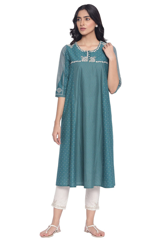 W for Woman Green Polka Dots Printed Flared Kurta