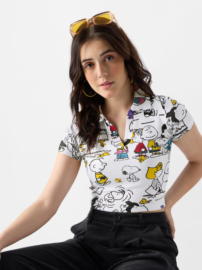 The Souled Store Official Peanuts: Playtime Women and Girls Short Sleeve All Over Print Slim Fit Cropped Polos White