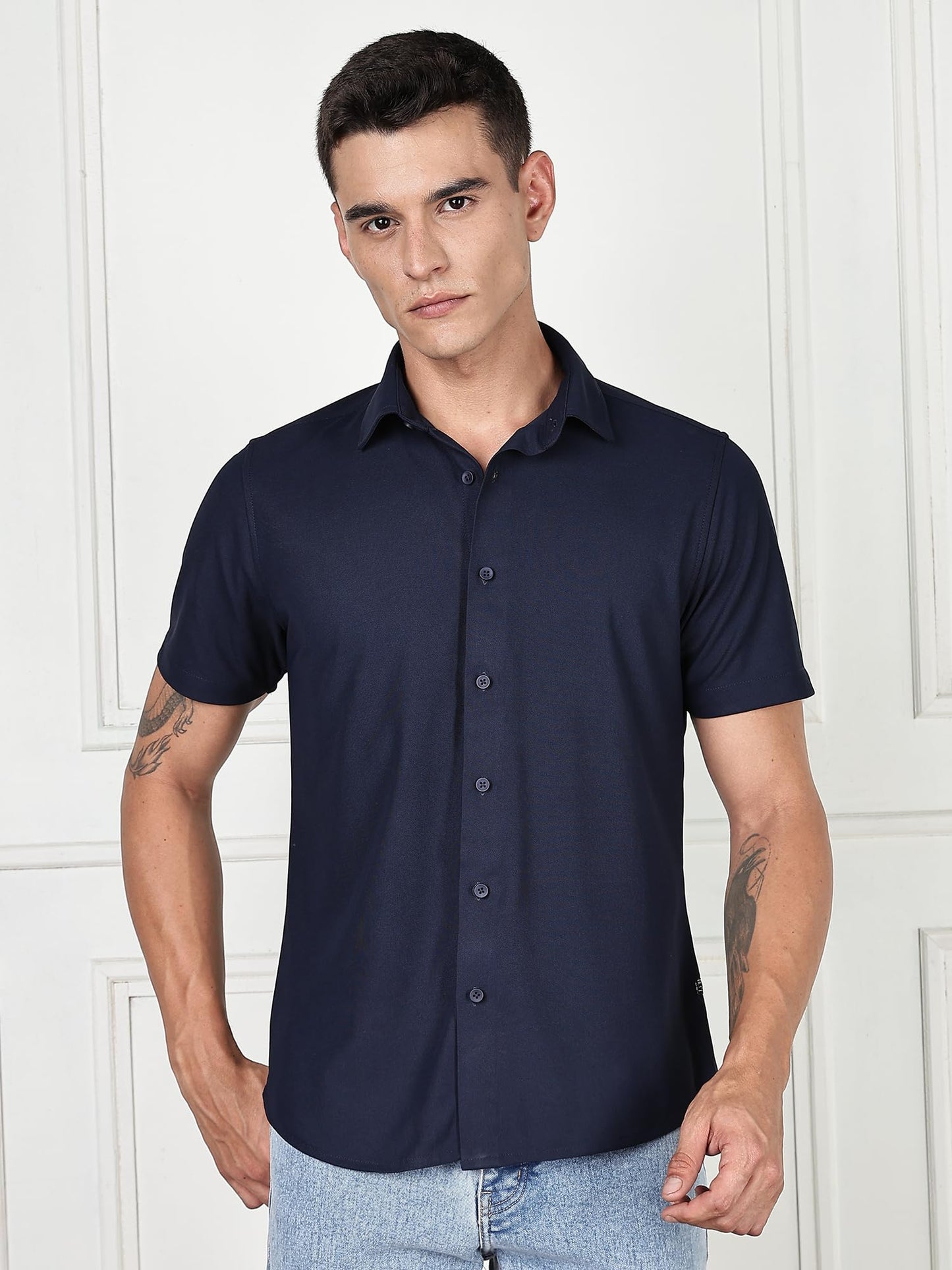 Thomas Scott Mens | Premium | Spread Collar | Slim Fit | Short Sleeves | 4 Way Stretch | Coolmax | Knitted | Casual | Shirts fo