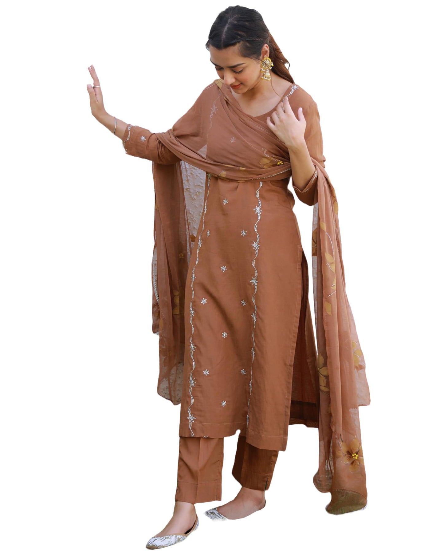 ANNI DESIGNER Women s Kurta with Trousers and Dupatta, Brown, Medium