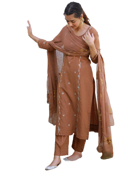 ANNI DESIGNER Women s Kurta with Trousers and Dupatta, Brown, Medium