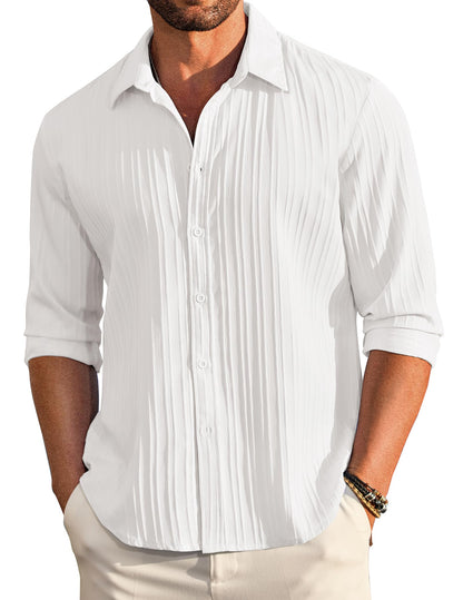 Deemoon MenS Casual Button Down Shirts Long Sleeve Linen Shirt Fashion Textured Beach Summer Shirt White