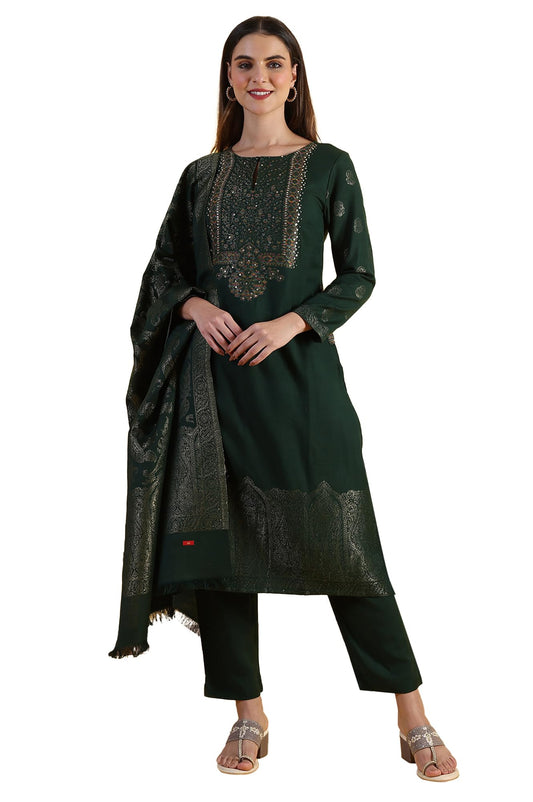 W for Woman Green Yarn Dyed Sequins A-Line Kurta & Straight pant with Dupatta Set
