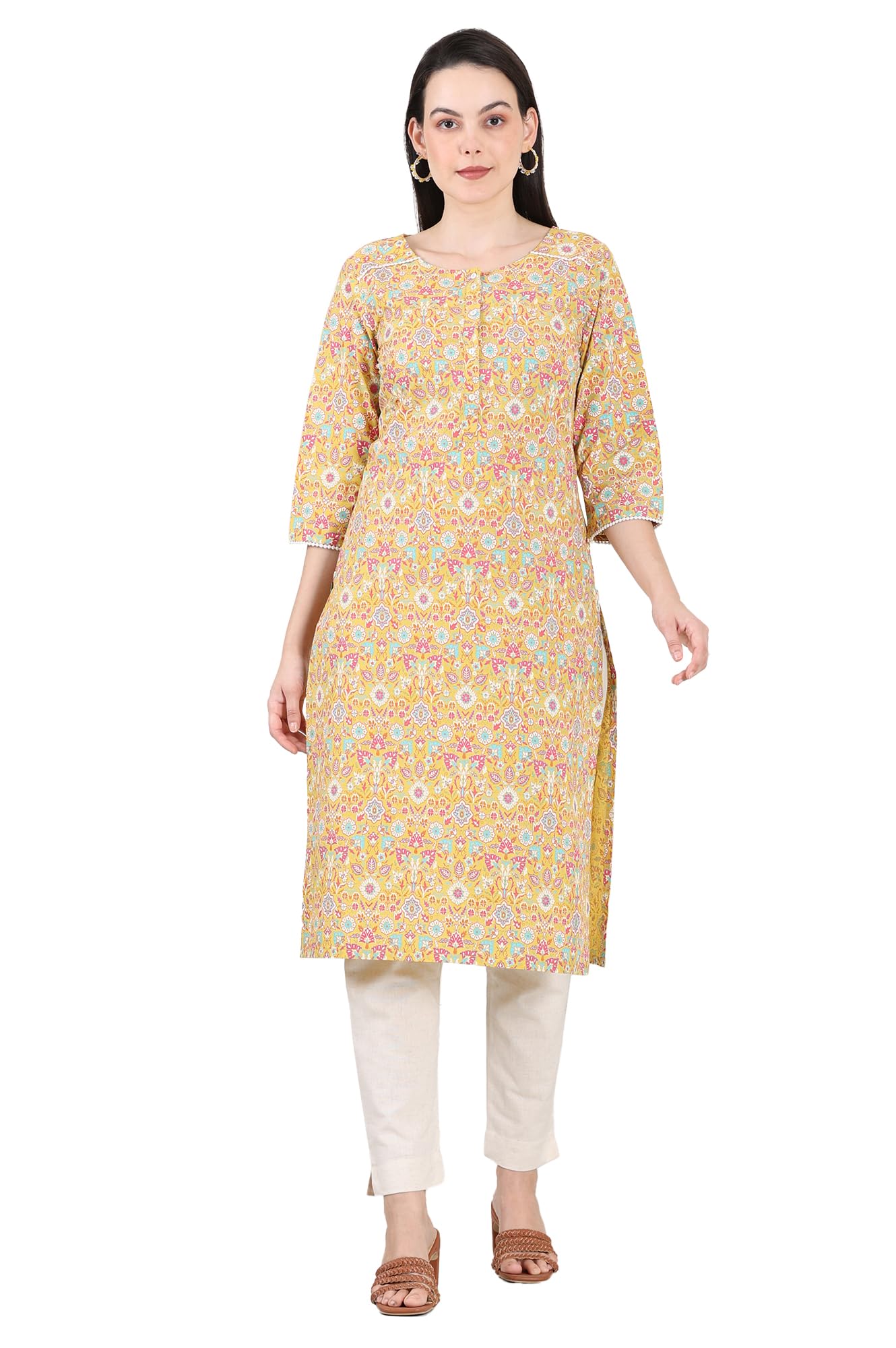 W for Woman Yellow Floral Printed Pure Cotton Straight Kurta