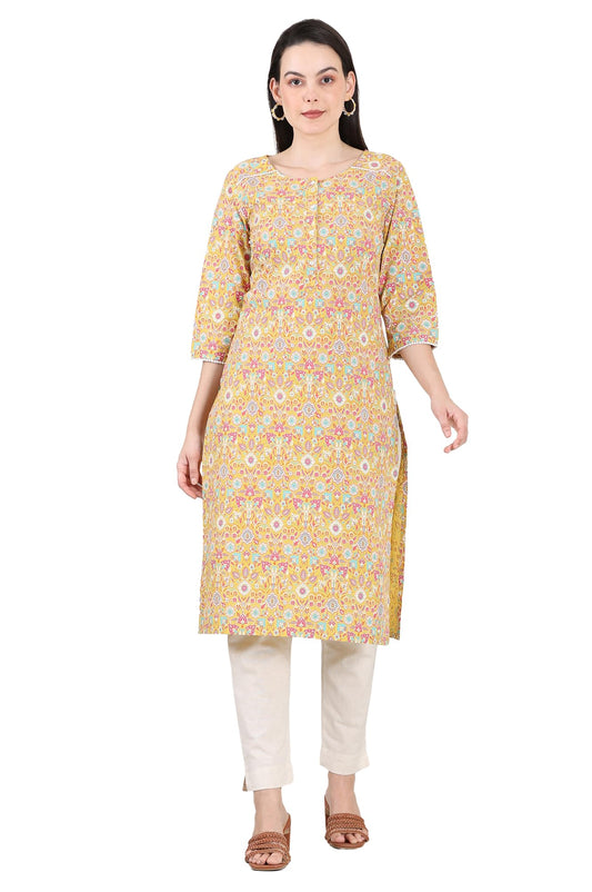 W for Woman Yellow Floral Printed Pure Cotton Straight Kurta