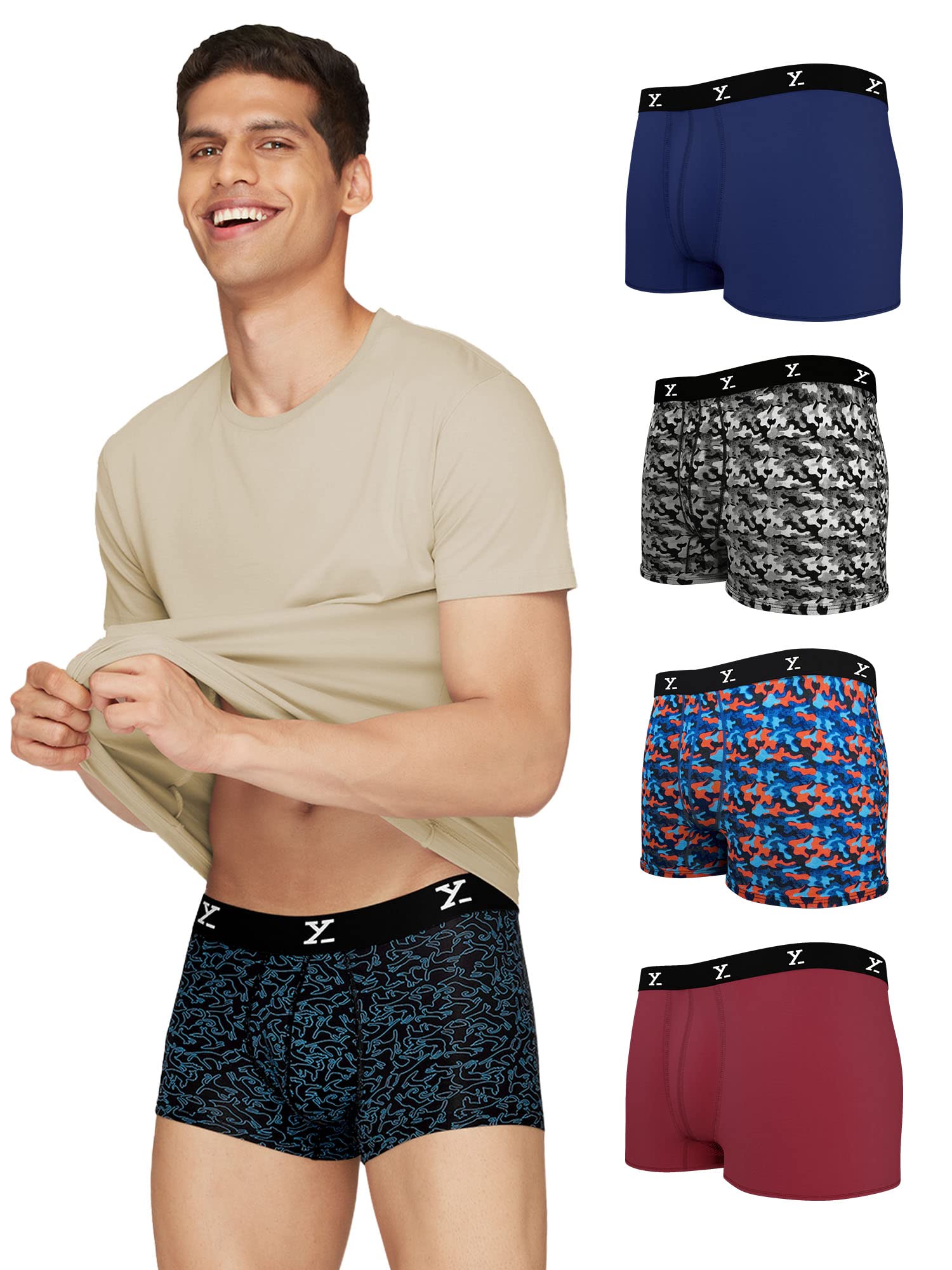 XYXX Mens Underwear Shuffle IntelliSoft Antimicrobial Micro Modal Trunk Pack of 5 (Camo Blue & Orange;Camo Monocrom;Yoga Pet;Tw
