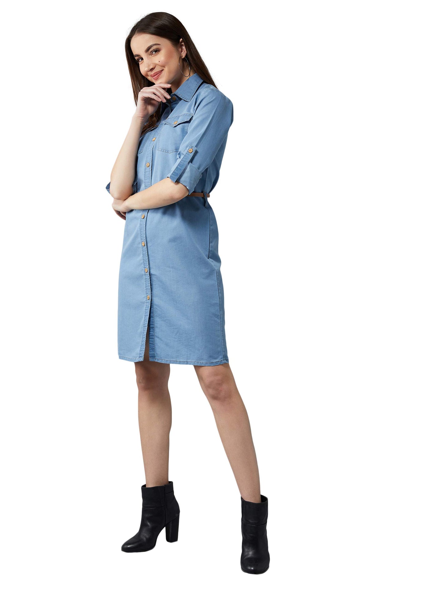 Dolce Crudo Women'S Blue Polo Neck Denim Solid A-Line Mini Dress(Doaw18Den04-22-115)