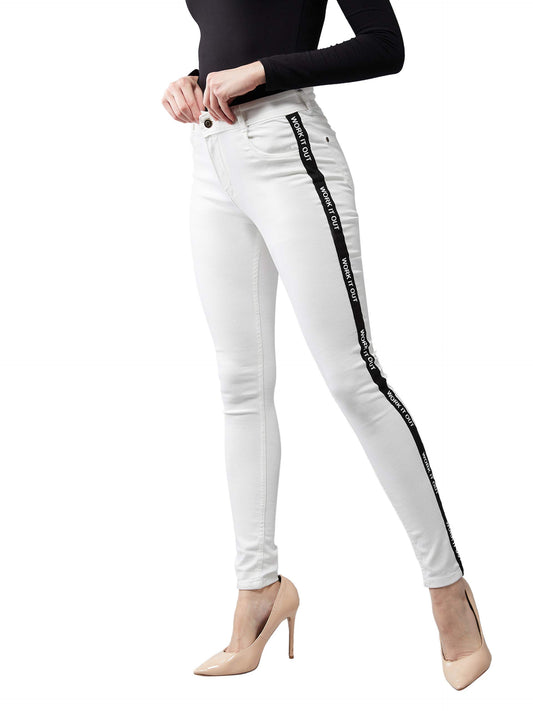 Dolce Crudo WomenS White Skinny Mid Rise Clean Look Printed Twill Tape Detailing Regular Length Stretchable Denim Jeans(Doss19De