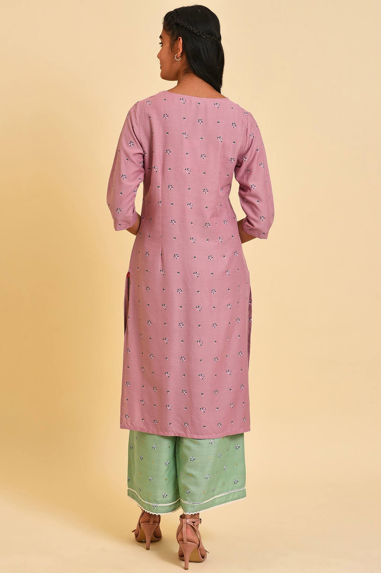 W for Woman Light Purple Printed Kurta with Embroidery
