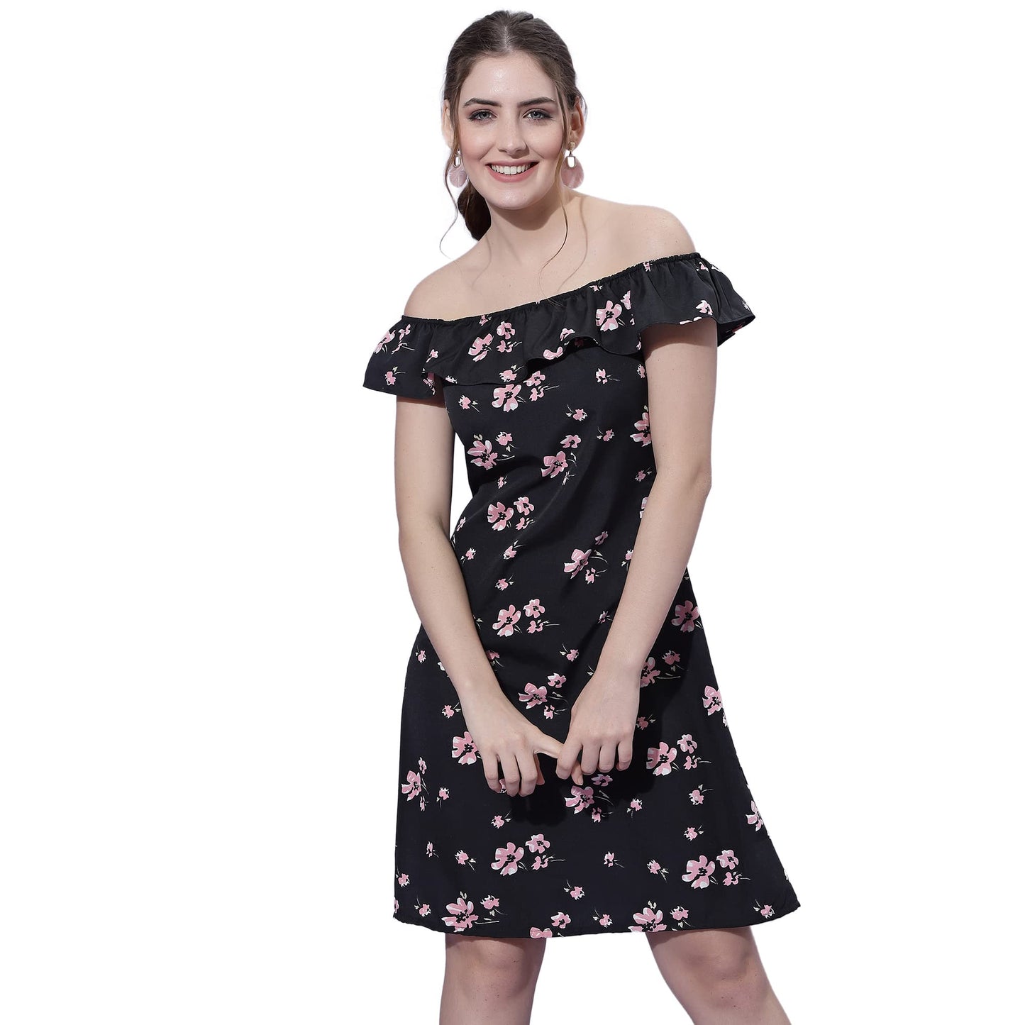 Oomph! WomenS Western & Fusion Wear Mini/Short A-Line Black Dress In Crepe Fabric With Off Shoulder And Off Shoulder Sleeve - M