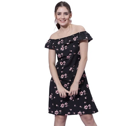 Oomph! WomenS Western & Fusion Wear Mini/Short A-Line Black Dress In Crepe Fabric With Off Shoulder And Off Shoulder Sleeve - M