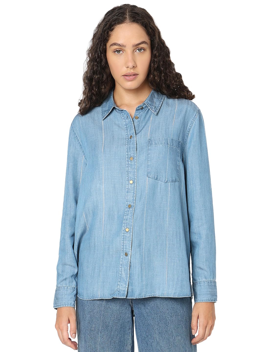 Vero Moda Women Striped Blue Polyester Boxy Fit Shirt
