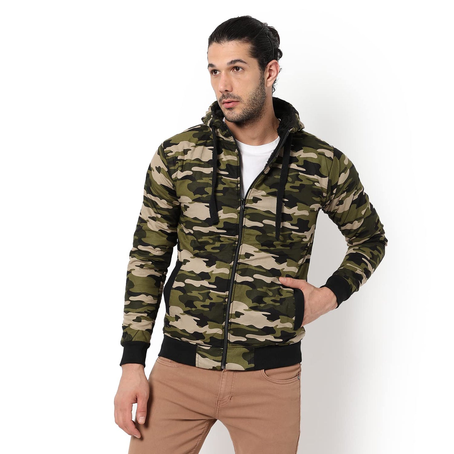 Campus Sutra Mens Olive Green Camouflage Regular Fit Cotton Jacket For Winter Wear | Hooded Collar | Full Sleeve | Zipper | Cas