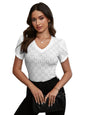 Sugathari Girls & Womens White Eyelet Embroidery Knitted V Neck Casual Slim Fit Women T-Shirt, Short Sleeve Schiffli Crop Top,