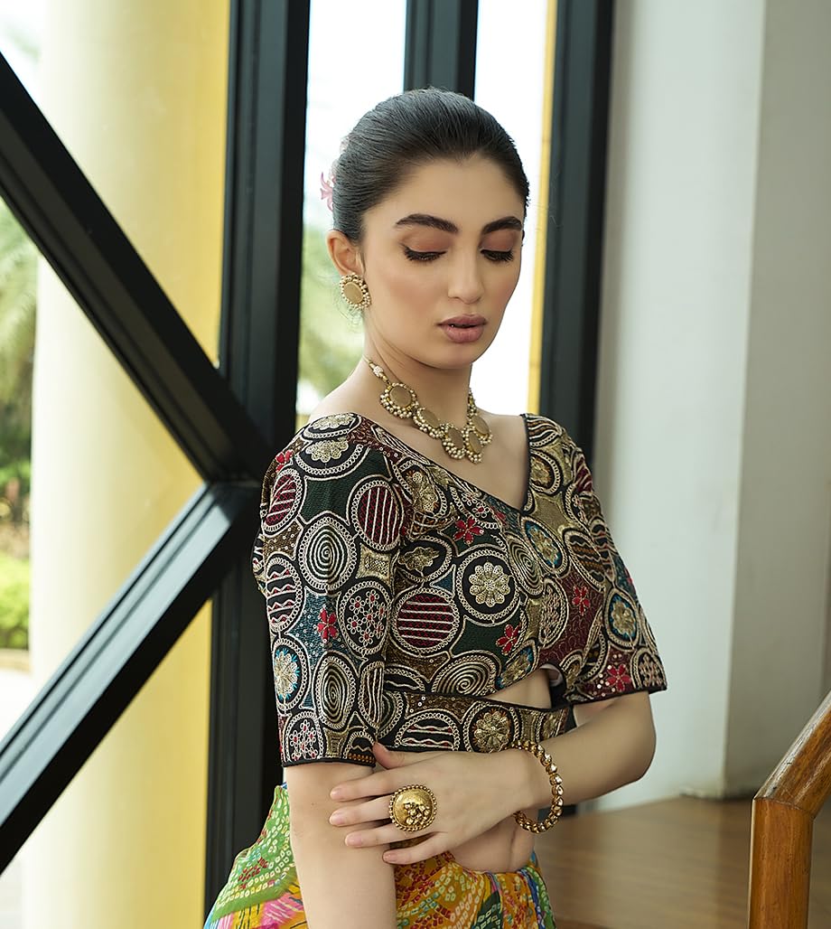 Pujia Mills WomenS Blouse Readymade Embroidery Multicoding Gold Thread And Multicolor Dhaga Work Handwork Readymade Saree Blous