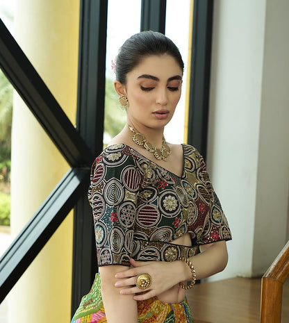 Pujia Mills WomenS Blouse Readymade Embroidery Multicoding Gold Thread And Multicolor Dhaga Work Handwork Readymade Saree Blous