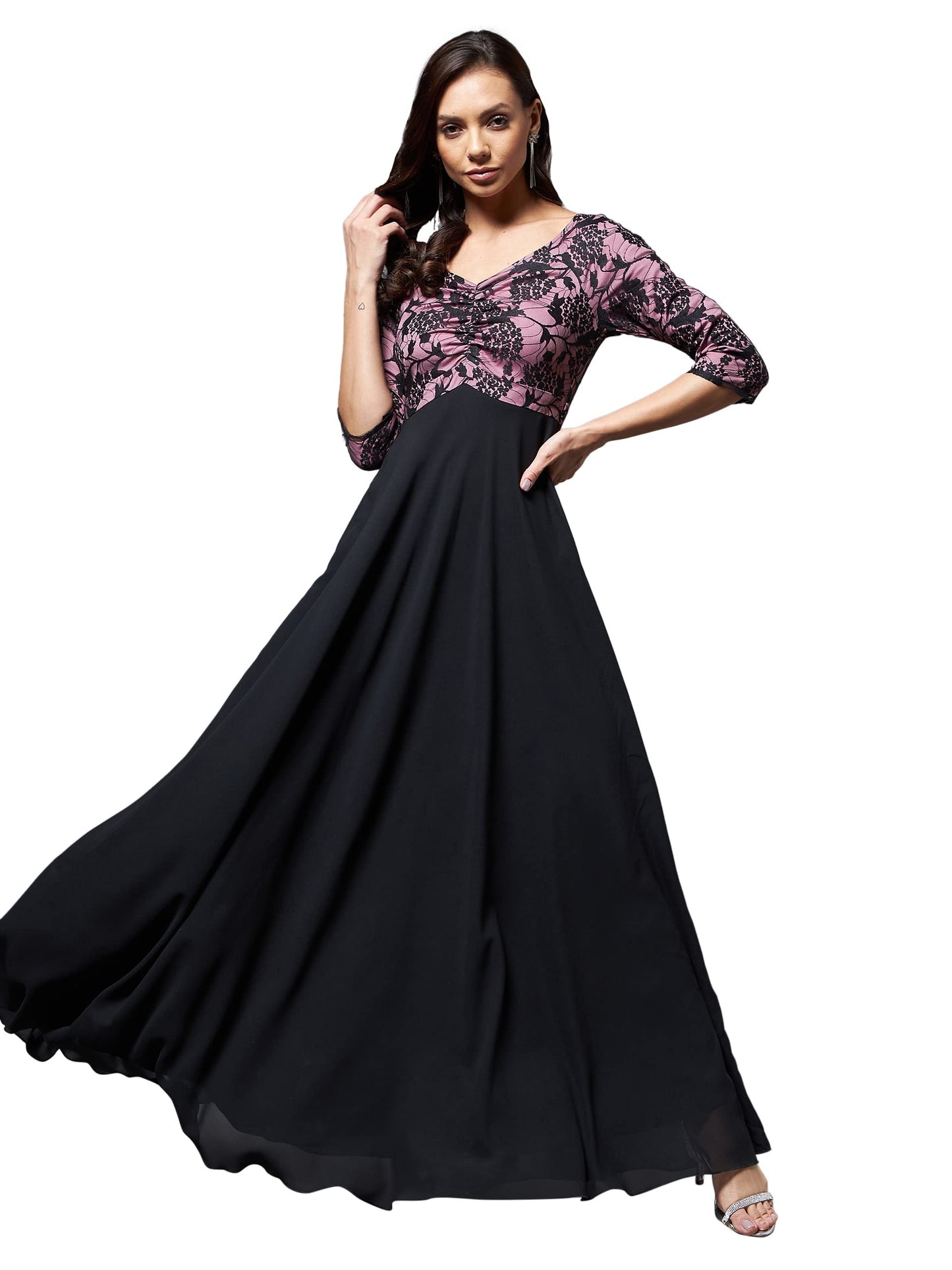 Miss Chase WomenS Black And Lavender Sweet Heart Neck 3/4 Sleeve Self Design Fit & Flare Maxi Dress (Mcss22D13-62-245-07, Black