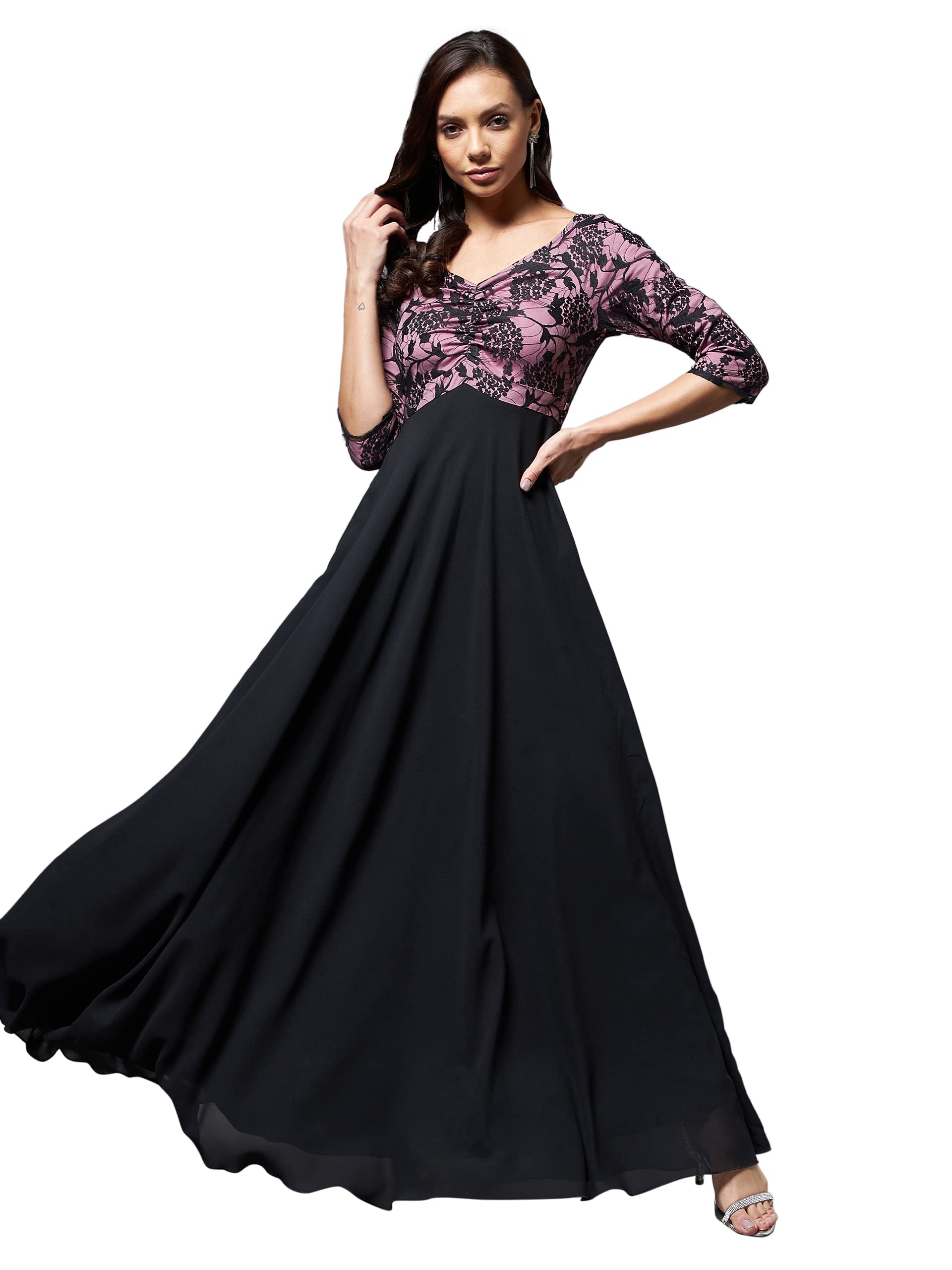 Miss Chase WomenS Sweet Heart Neck 3/4 Sleeve Self Design Fit & Flare With Pockets Maxi Dress (Mcss22D13-62-245-06, Black And L