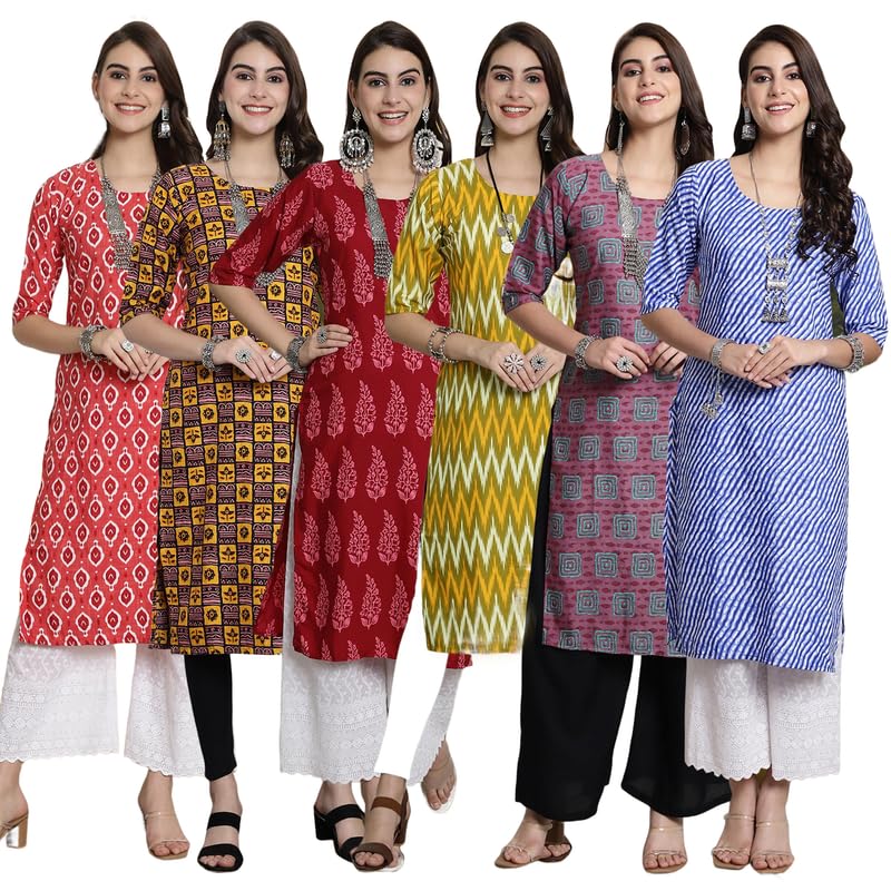 Pinkmint WomenS Crepe Kurti Round Neck Straight Kurti For Women Comfortable Kurti Regular Wear Kurti For WomenS (Pack Of 6)