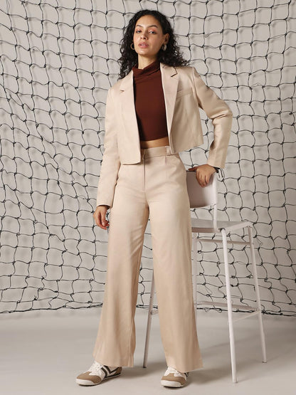 Hubberholme Women Solid Crop Length Oversized Notch Lapel Collar Full Sleeve Blazer Beige