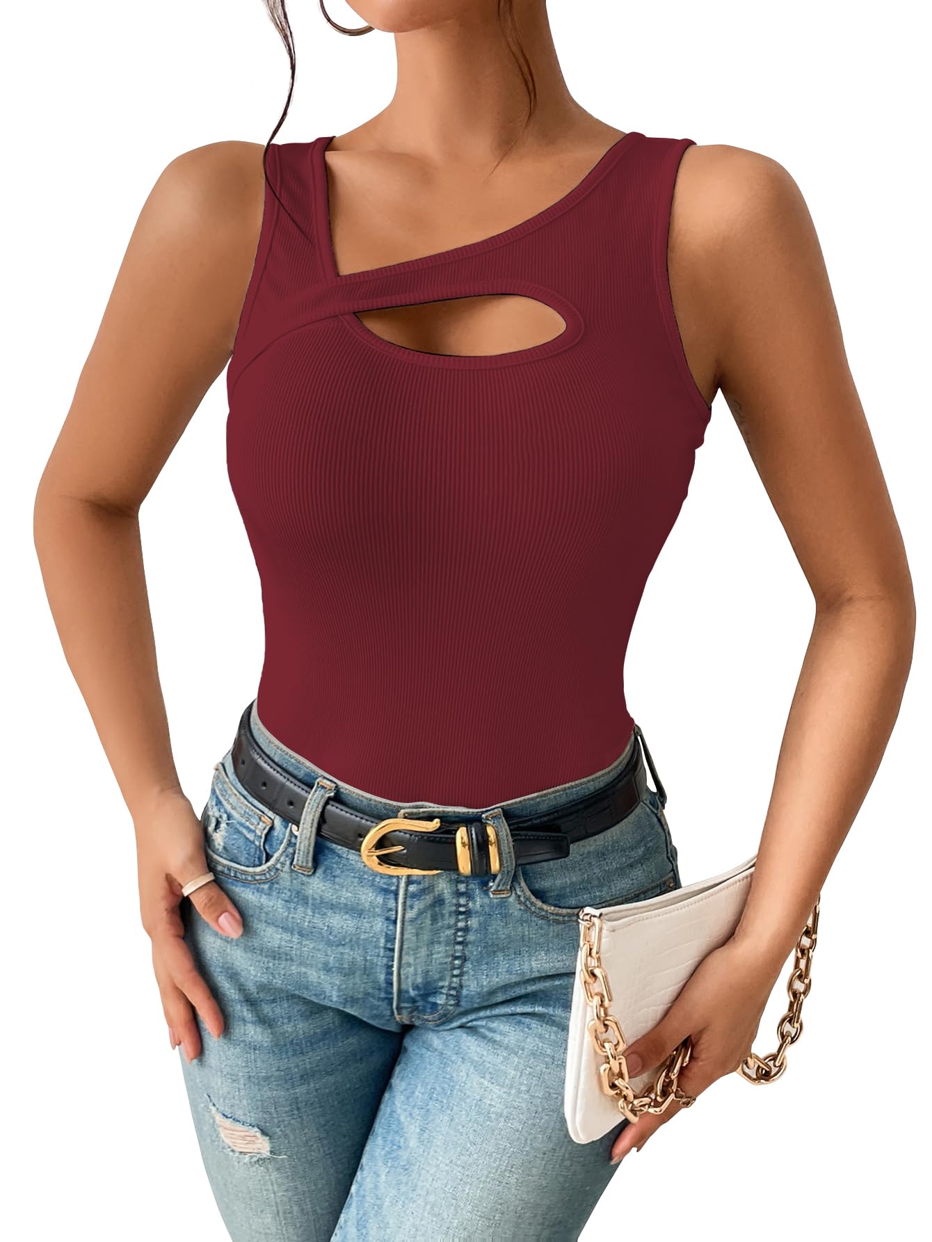Sugathari Womens Maroon Cut Out Asymmetrical Neck Rib Knit Jeans Korean Trendy Tank Western Tops for Women Stylish (T-Shirt 182