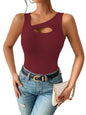 Sugathari Womens Maroon Cut Out Asymmetrical Neck Rib Knit Jeans Korean Trendy Tank Western Tops for Women Stylish (T-Shirt 182
