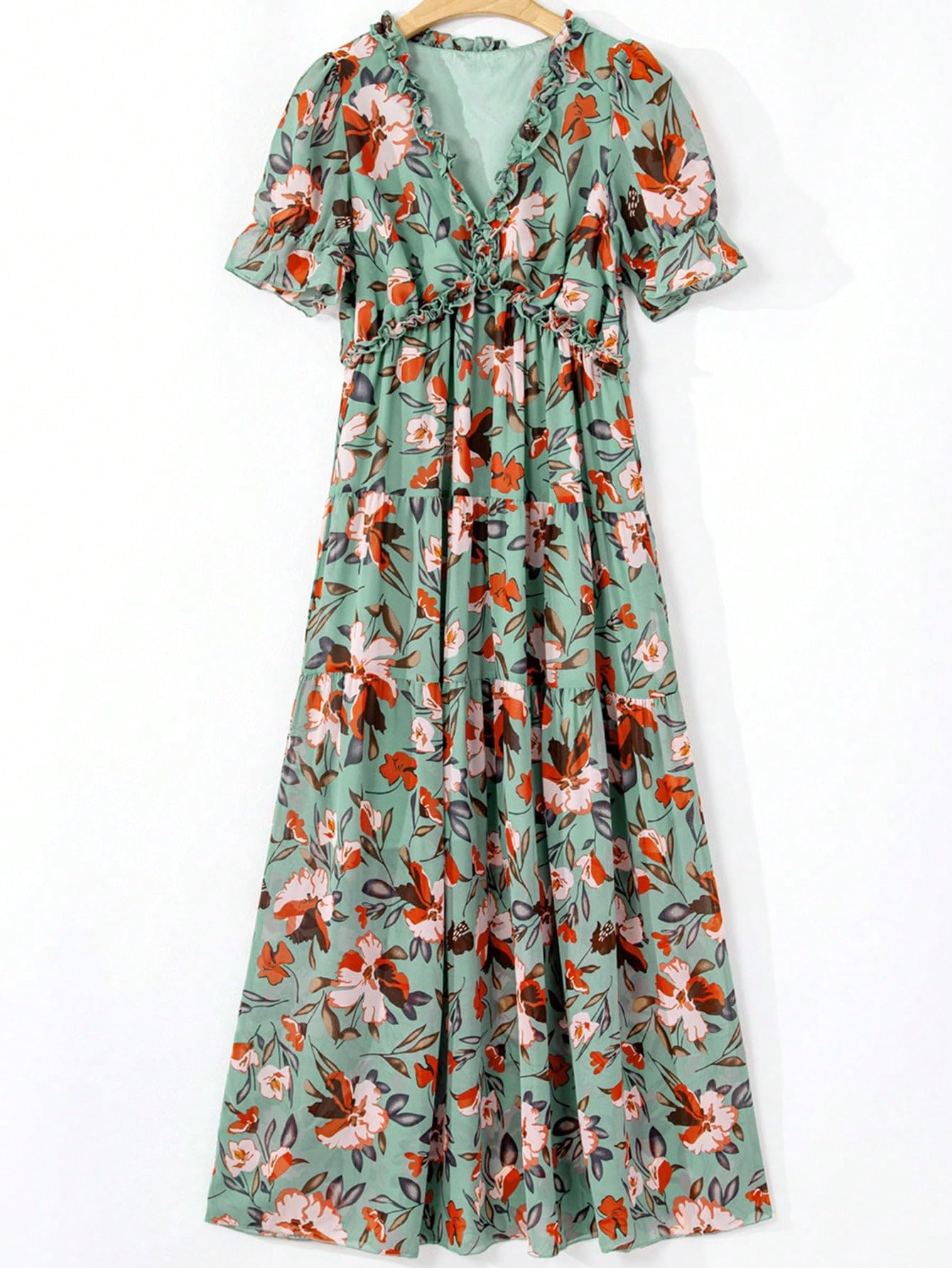 Shasmi Womens Casual Green Floral Printed Ruched V Neck Short Flutter Sleeve Lapel Tie Waist Split Long One Pic Western Party D