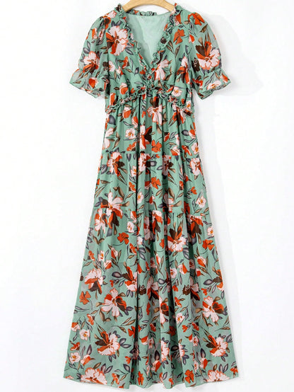 Shasmi Womens Casual Green Floral Printed Ruched V Neck Short Flutter Sleeve Lapel Tie Waist Split Long One Pic Western Party D