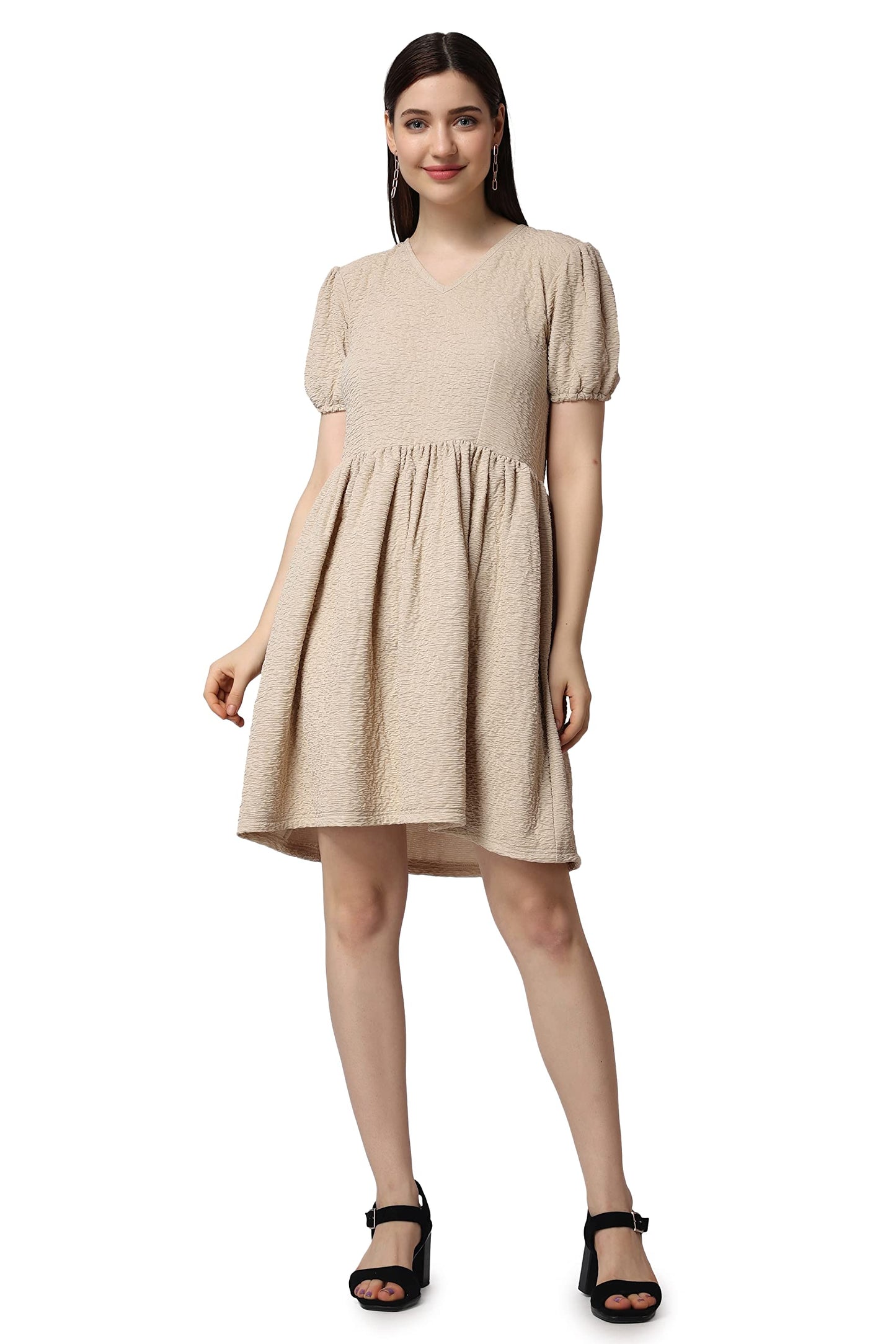 Popwings Casual Self Crush Design Solid Knee Length Blouson Peplum Dress For Women || Latest Stylish Summer Dress For Women || K