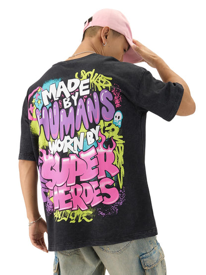 The Souled Store Made by Humans Men and Boys Short Sleeve Round Neck Black Graphic Printed Cotton Oversized T-Shirts