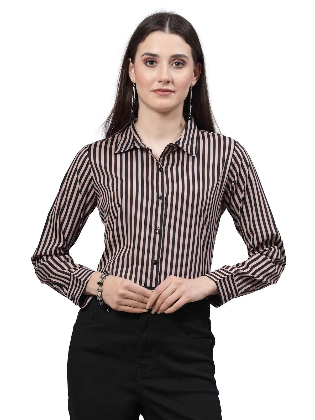 Style Quotient Women Nude and Black Striped Regular Formal Shirt