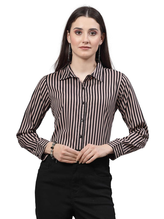 Style Quotient Women Nude and Black Striped Regular Formal Shirt