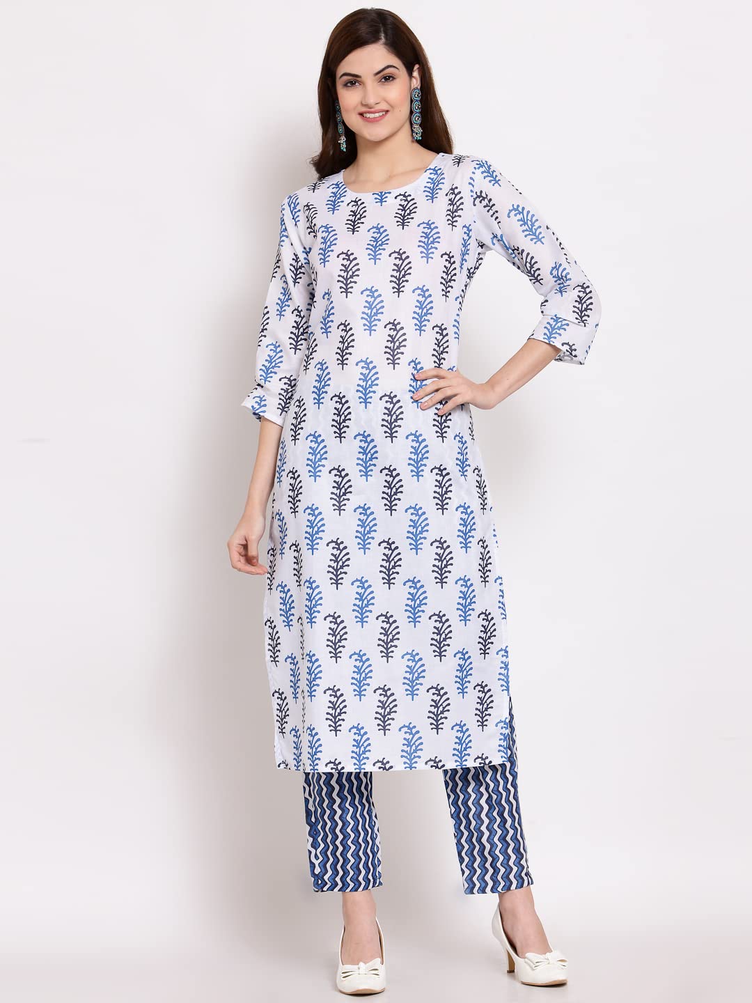 ANNI DESIGNER Women's Cotton Straight Kurta with Pant & Dupatta (KPTD-COT-10018-WHITE)