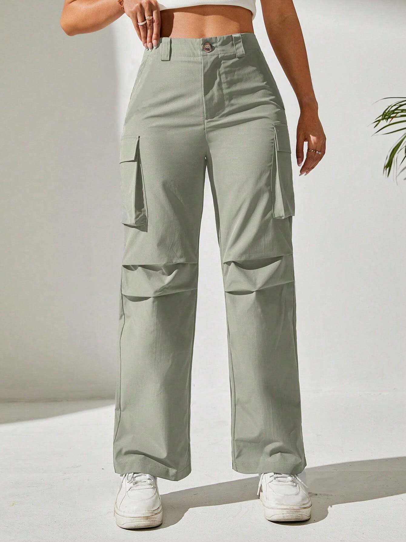 TAGAS Womens Solid Flap Pocket Mid Rise Cargo Pants || Cargo for Women Green