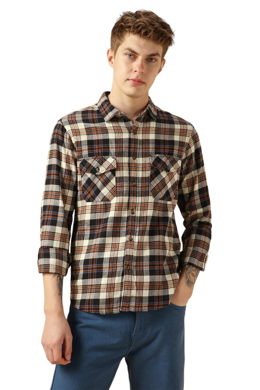 Dennis Lingo MenS Navy Blue Cotton Spread Collar Long Sleeves Checked Shirts